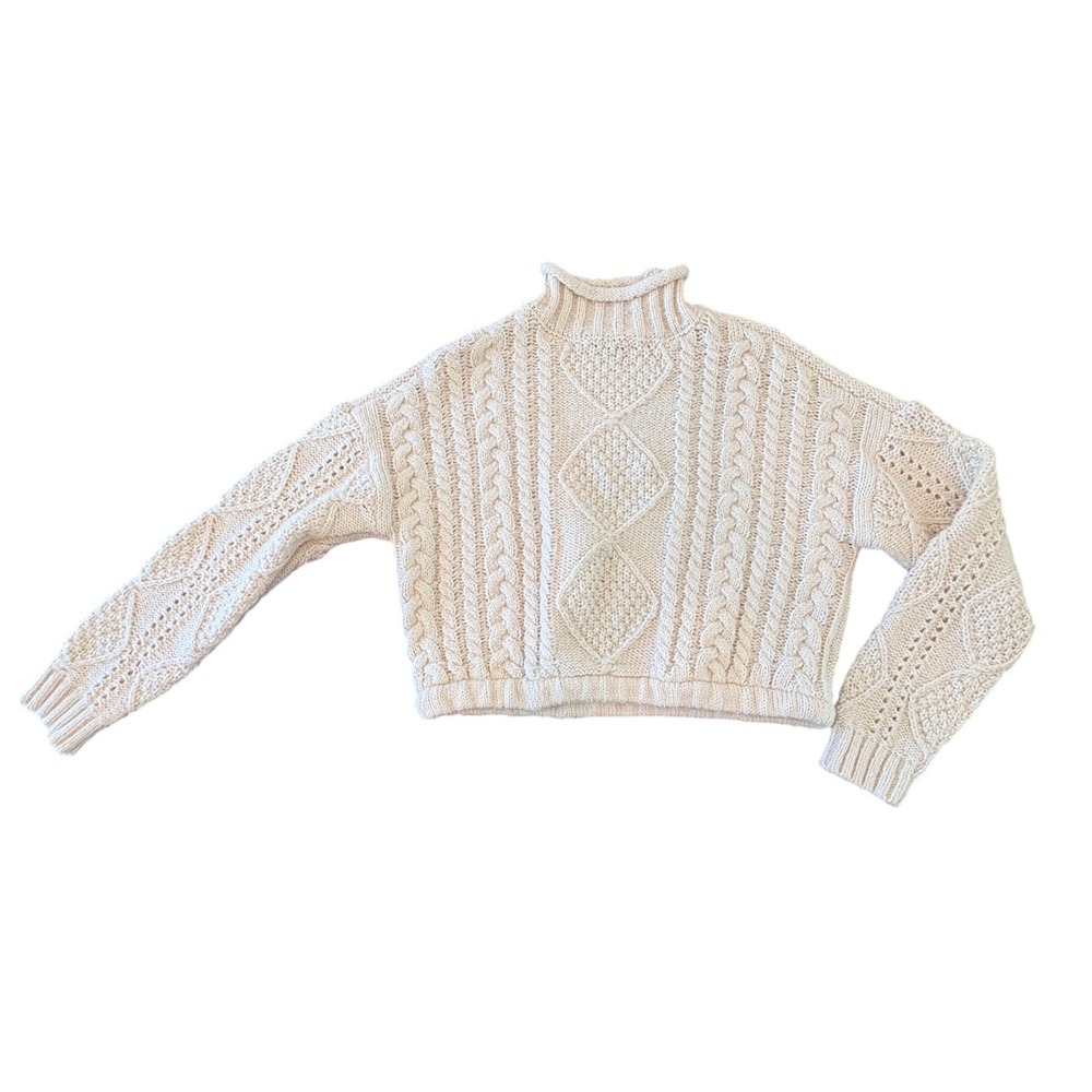 Sanctuary Womens Cable Knit Mock Neck Cropped Sweater Cream Oatmeal Large L
